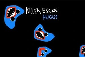Tegneserieaktige blå ansikter med store øyne og åpne, tannfylte munner på en svart bakgrunn, med teksten Killer Escape Huggy