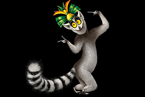 En animert lemur med en fargerik kongekrone danser mot en svart bakgrunn