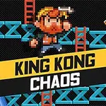 Pixelert tegning av en figur med skjegg og caps, omgitt av blå plattformer, stiger, rosa tønner, en banan og teksten King Kong Chaos