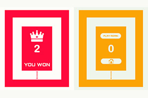 Rød og oransje spillskjerm med YOU WON og en krone på venstre panel, og PLAY AGAIN og tallet 0 på høyre panel
