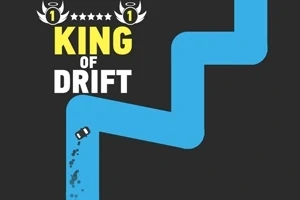 En liten bil drifter langs en svingete blå vei på en mørk bakgrunn, med teksten King of Drift i gule og hvite bokstaver øverst