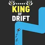 En liten bil drifter langs en svingete blå vei på en mørk bakgrunn, med teksten King of Drift i gule og hvite bokstaver øverst