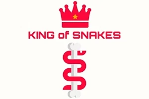 Rødt krone-ikon med teksten KING OF SNAKES over en spiralformet slangeillustrasjon