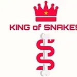 Rødt krone-ikon med teksten KING OF SNAKES over en spiralformet slangeillustrasjon