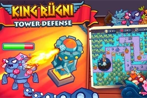 Tegnet spillgrafikk med en tårn som skyter flammer, omringet av fantasifigurer og et kart med grønne områder og stier