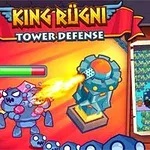 Tegnet spillgrafikk med en tårn som skyter flammer, omringet av fantasifigurer og et kart med grønne områder og stier
