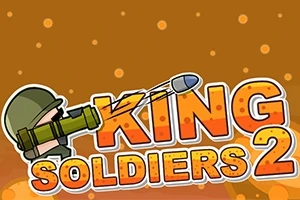 Tegneserieillustrasjon av en soldat med hjelm som skyter et prosjektil, med teksten King Soldiers 2 i oransje bokstaver