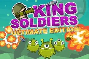 Fargerik illustrasjon med teksten King Soldiers Ultimate Edition over grønne monstre og eksplosjoner i bakgrunnen