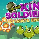 Fargerik illustrasjon med teksten King Soldiers Ultimate Edition over grønne monstre og eksplosjoner i bakgrunnen