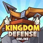 Stor armbrøst med teksten Kingdom Defense Online foran en blå strålende bakgrunn