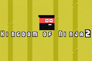 En enkel illustrasjon av et ansikt med rød maske mot en gul bakgrunn, med teksten Kingdom of Ninja 2