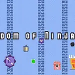 Pikselkunst med lilla ninjafigur, gjenstander og teksten Kingdom of Ninja 3 mot en blå stripet bakgrunn