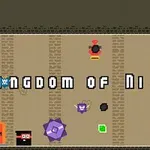 Tittel med teksten Kingdom of Ninja 4 på en pikselert bakgrunn med forskjellige fargerike ikoner og gjenstander, inkludert dører, symboler og en boks merket LEVEL UP