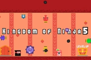 En pixelert ninjaverden med teksten Kingdom of Ninja 5 og diverse fargerike ikoner og objekter