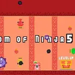 En pixelert ninjaverden med teksten Kingdom of Ninja 5 og diverse fargerike ikoner og objekter