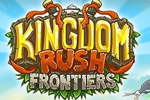 Kingdom Rush Frontiers Fargerik logo med teksten Kingdom Rush Frontiers på en dekorativ bakgrunn