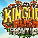 Kingdom Rush Frontiers Fargerik logo med teksten Kingdom Rush Frontiers på en dekorativ bakgrunn