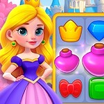 Prinsesse i lilla kjole ved siden av et spillbrett med fargerike ikoner som krone, diamant, skjold og eliksir