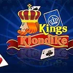 Kortillustrasjon med ordene Kings Klondike, et kongeansikt med krone, og fire spillkort i hjørnene mot en blå bakgrunn