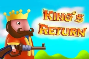 Tegneserie-konfigurert konge med krone og stor bart, holder et gevær med tittelen Kings Return i bakgrunnen mot en blå himmel med skyer