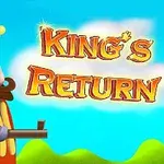 Tegneserie-konfigurert konge med krone og stor bart, holder et gevær med tittelen Kings Return i bakgrunnen mot en blå himmel med skyer