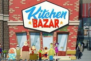 En gruppe fargerike, animerte figurer står foran en bygning med et stort skilt som sier Kitchen Bazar