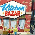 En gruppe fargerike, animerte figurer står foran en bygning med et stort skilt som sier Kitchen Bazar