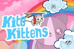 En tegneserieillustrasjon med en katt som flyr med en drage gjennom en pastellfarget himmel med skyer og en regnbue