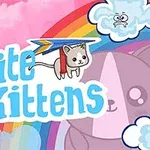 En tegneserieillustrasjon med en katt som flyr med en drage gjennom en pastellfarget himmel med skyer og en regnbue