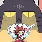 Stor svart katt stirrer intenst på en bolle med fargerike dumplings, med en liten jente som sitter foran