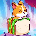 En tegneseriehund sitter på en sandwich med salat i en fargerik skog