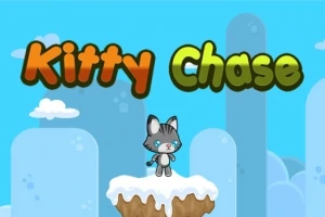 En tegnet grå katt står på en snødekt klippe med teksten Kitty Chase i fargerike bokstaver mot en lys blå himmel