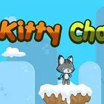 En tegnet grå katt står på en snødekt klippe med teksten Kitty Chase i fargerike bokstaver mot en lys blå himmel