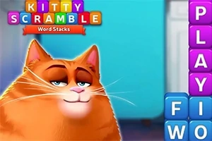 Illustrasjon av en tegnet oransje katt med et avslappet uttrykk ved siden av fargerike bokstaver stablet i søyler