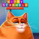 Illustrasjon av en tegnet oransje katt med et avslappet uttrykk ved siden av fargerike bokstaver stablet i søyler