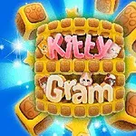 Fargerik illustrasjon med teksten Kitty Gram omgitt av stjerner, terninger og små katteansikter på en blå bakgrunn