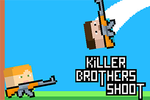 To figurer med firkanthoder og våpen mot en blå bakgrunn og teksten Killer Brothers Shoot