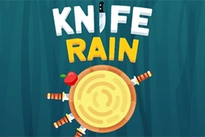 Trehjul med kniver og et eple festet til det, med teksten KNIFE RAIN over