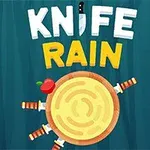 Trehjul med kniver og et eple festet til det, med teksten KNIFE RAIN over