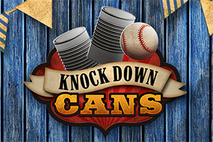 Blikkbokser og en baseball mot en blå, trestrukturert bakgrunn med tekst som sier Knock Down Cans