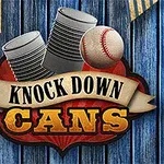 Blikkbokser og en baseball mot en blå, trestrukturert bakgrunn med tekst som sier Knock Down Cans