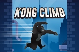 Silhuetten av en stor gorilla som klatrer mot en blå bybakgrunn, med teksten KONG CLIMB i toppen