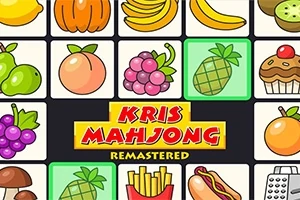 Rutemønster med illustrasjoner av frukt, grønnsaker og matvarer, med teksten Kris Mahjong Remastered i sentrum