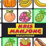 Rutemønster med illustrasjoner av frukt, grønnsaker og matvarer, med teksten Kris Mahjong Remastered i sentrum