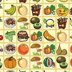 Et rutenett av diverse tegninger av frukt, grønnsaker og matvarer som tomater, ananas, pommes frites og hamburgere