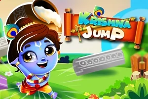 Tegneseriefigur med blå hud og tradisjonelle klær står i en fargerik, tegnet landskap med en stor tre-stav og teksten Krishna Jump i bakgrunnen