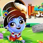 Tegneseriefigur med blå hud og tradisjonelle klær står i en fargerik, tegnet landskap med en stor tre-stav og teksten Krishna Jump i bakgrunnen