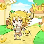 En søt, anime-stil karakter med kattører og hale står på en lys sti foran en bybakgrunn med fargerike bygninger og blå himmel