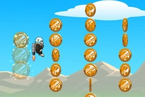 En figur med jetpack flyr gjennom luften og samler gullmynter i et fjellandskap med blå himmel og skyer