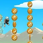 En figur med jetpack flyr gjennom luften og samler gullmynter i et fjellandskap med blå himmel og skyer